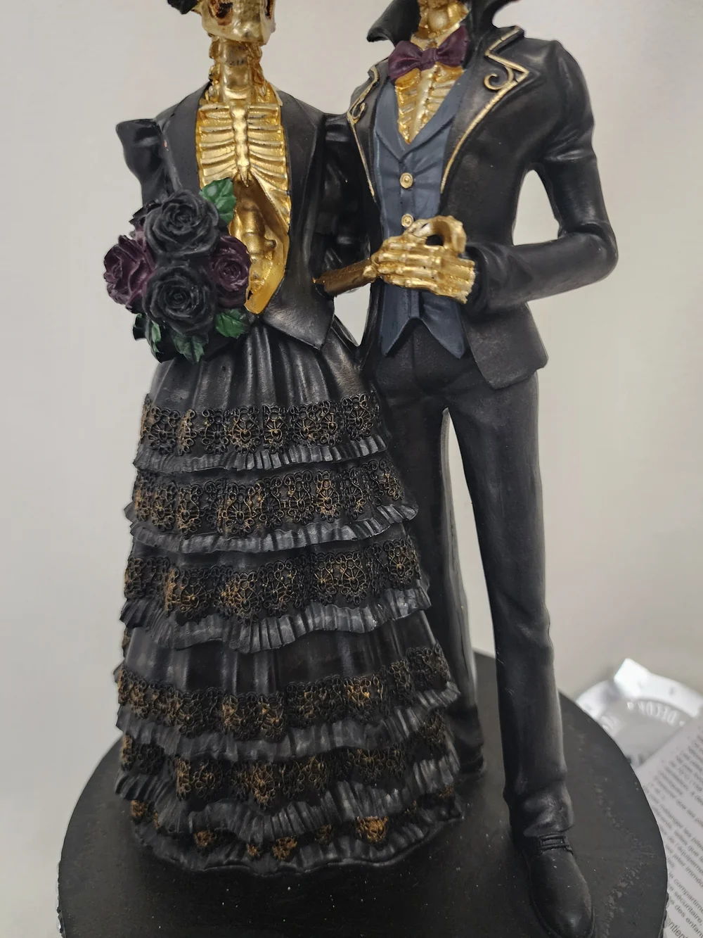 Elegant Black & Gold Skeleton Bride and Groom Figurine - Rotating and Sound